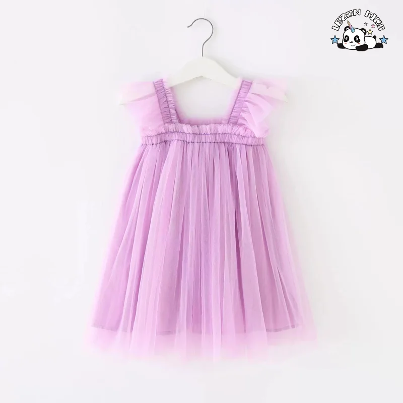 LEZONKIDS - ODM Custom Tulle Princess Dress Baby Girls Solid Pattern Ruffle Decoration Summer Woolen Fabric Dress